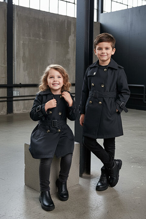 HC Kids Wear Erkek Çocuk Içi Pamuk Astarlı Su Itici Siyah Yağmurluk Trençkot