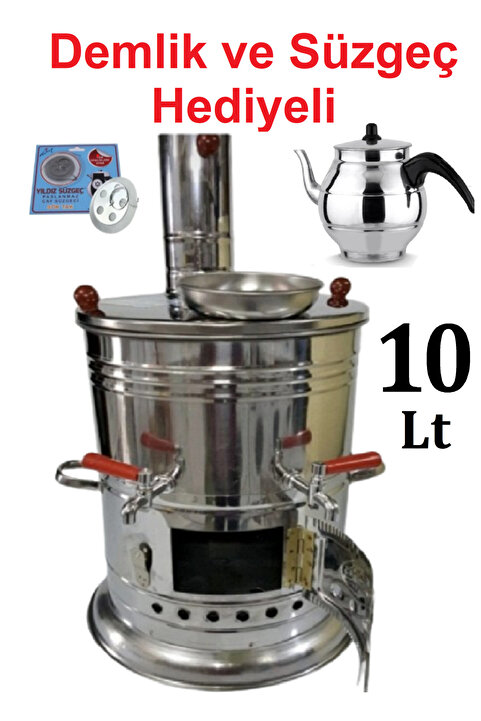 sobapark 10 Litre Paslanmaz Metal Odunlu Kömürlü Çay Semaveri Büyük Çift Musluklu DEMLİK HEDİYELİ Semaver 10