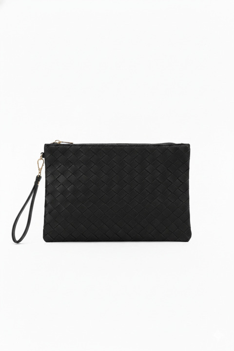 Bagfoni Siyah Örgü Desenli El Askılı Portföy Clutch Çanta 25x19 Cm