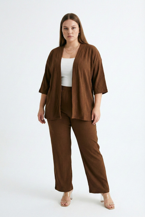 Talvien Büyük Beden Kimono Hırkalı 2’li Takım – Bürümcük Kumaş Oversize Şık Set