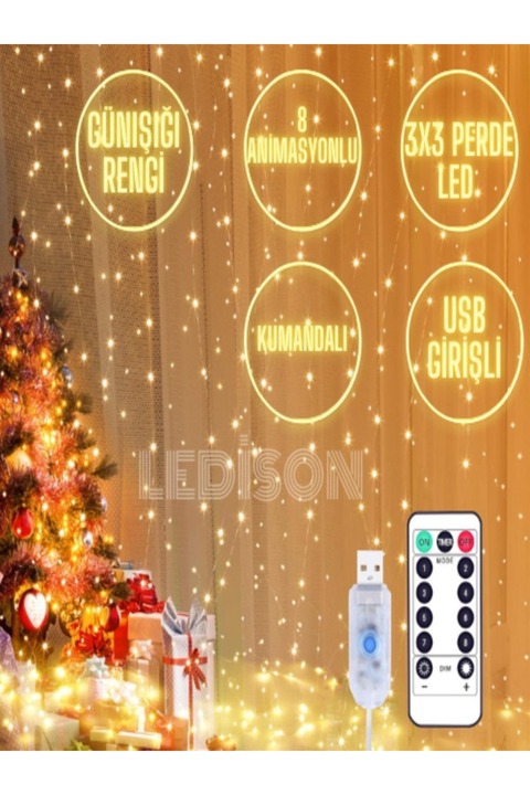 ledison Kumandalı 8 Ayrı Moda Sahip 3mx3m ( 300 Cm X 300 Cm ) Perde Led Tel Led Usb