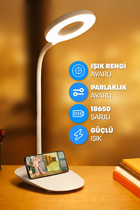 Telvesse Şarjlı Masa Lambası Dokunmatik 3 Renk 24 Led Telefon Standlı Kademeli Çalışma Okuma Işığı