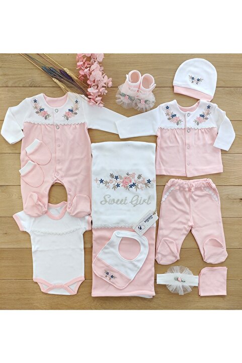 Sitilin Kız Bebek Pembe 10'lu hastane çıkışı Natural İşlemeli Set STL4663