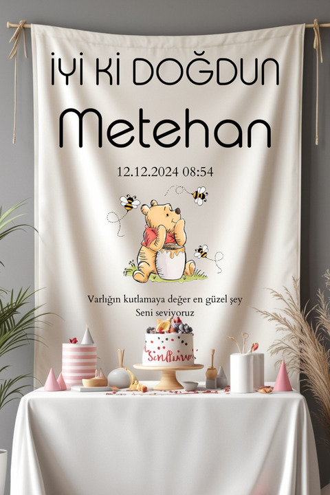 Puppetzzz Winnie the Pooh Temalı Kişiye Özel Doğum Günü Flaması - İsimli Tarihli Kumaş Afiş