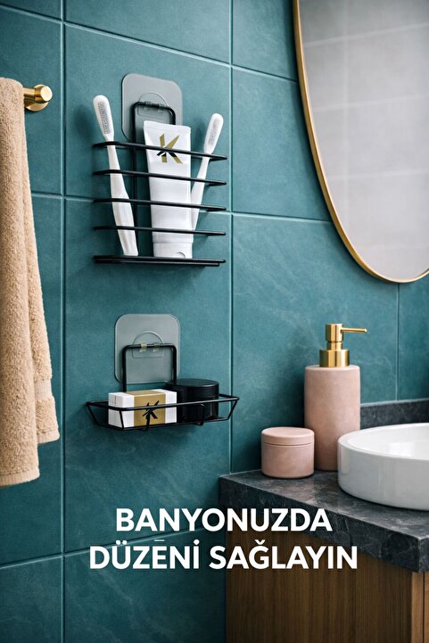 KARTEYA Metal Banyo Duvar Organizeri - Yapışkanlı Diş Fırçalık ve Sabunluk Seti - 2'li Süper Set
