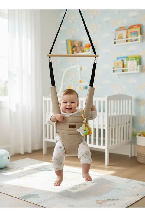 ConconBebe Concon Bebe Bebek Hoppala Zıpzıp Yüz Korumalı Kanguru, Yaylı Denge Bebek Yürüteci Doğal Ahşap kremrengi