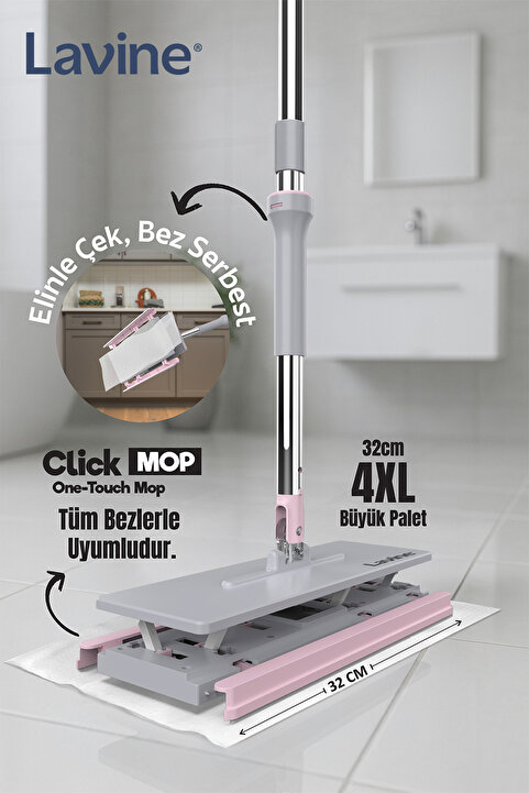 obido Lavine Click Mop 32cm Büyük Boy Asansörlü Mekanizma - 4XL Islak Havlu İle Uyumlu - 8 Adet Bez Hediye