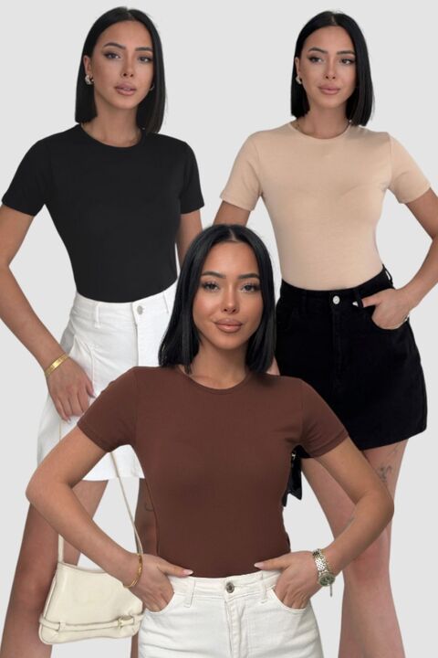 Lunamiratto Kadın 3'lü Bisiklet Kısa Kol Bej Siyah Acı Kahve Pamuklu Body Bisiklet Yaka Body Tişört T-shirt Slim