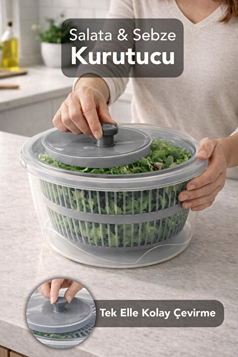 Meleni Home Pratik Salata Kurutucu - Şeffaf Hazneli Yeşillik Yıkama Kurutma Kabı Salata ve Sebze Kurutucu