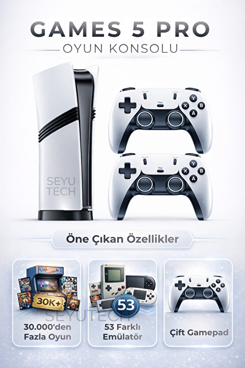 SEYUTECH Games 5 Pro Kablosuz Çift Kol Oyun Konsolu Uyumlu 4k-hdmı 53 Emulatör 30000 Oyunlu 2.4g Gaming Atari