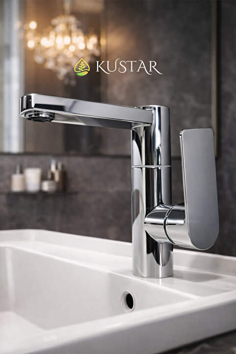 KUSTAR Modern Tek Kollu Krom Lavabo Bataryası | Banyo Musluğu | Aç-Kapa | Döner Boru | Sıcak Soğuk