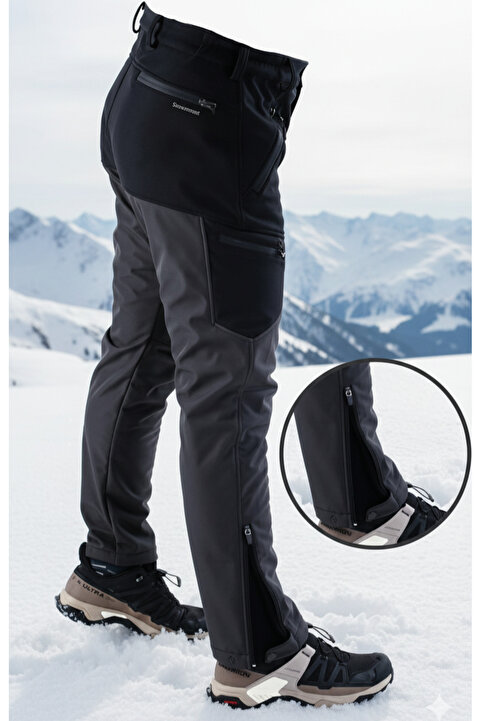 SNOWMOUNT Siyah Antrasit Renk Paça Fermuarlı Softshell Soğuğa Karşı Dayanıklı Polarlı Kışlık Outdoor Pantolon