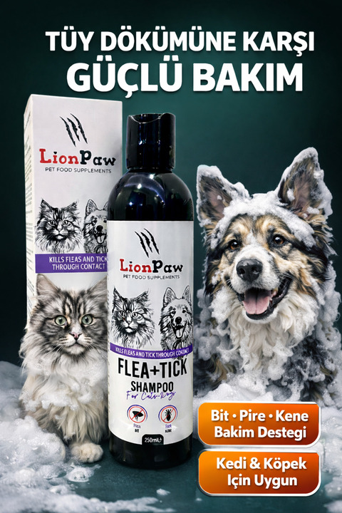 LİON PAW Kedi ve Köpek Dış Parazit Bakım & Tüy Dökümü Önleyici Şampuan 250 ML – Bit, Pire, Kene