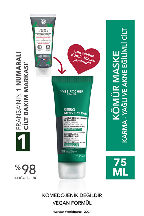 Yves Rocher Arındırıcı Siyah Nokta Karşıtı Kömür Maske-Süksinik Asit-Sebo Active Clear Botanik Kompleks-75ml