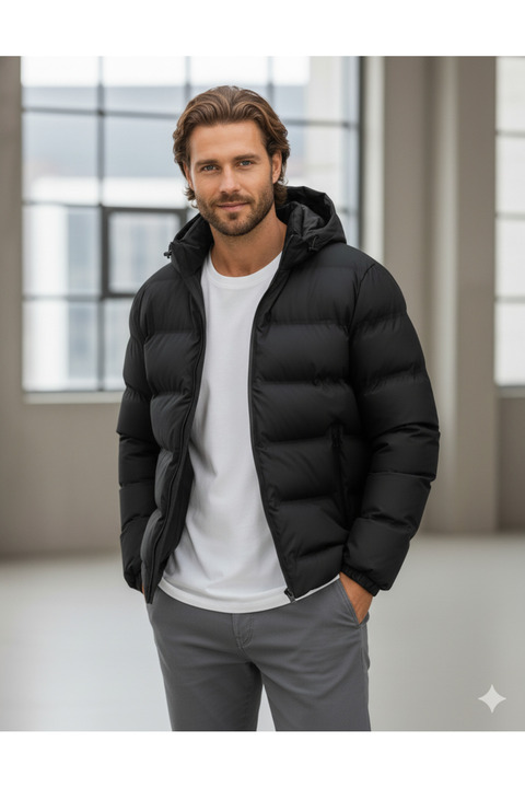 Jack & Jones Puffer Siyah Erkek Su Soğuk Geçirmez Mont Kaban