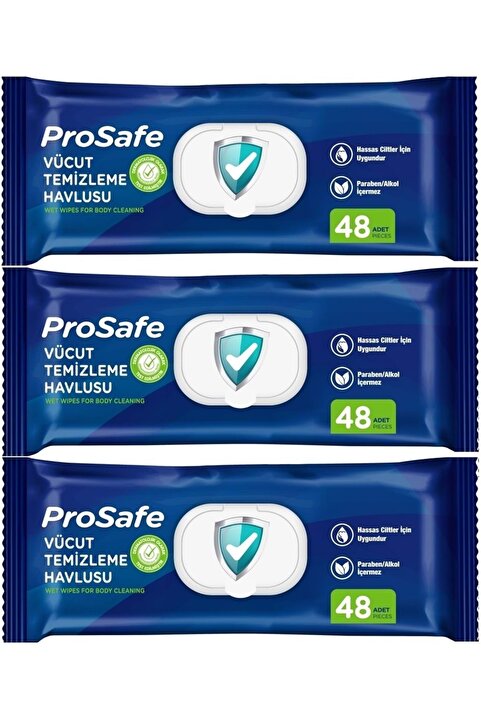PROSAFE Hasta Vücut Temizleme Islak Mendil Havlu 48 Yaprak XL (3 Lü Set) Plastik Kapak