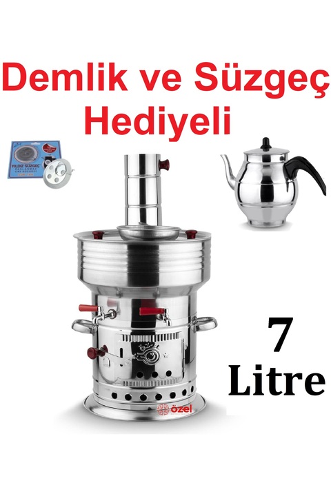 sobapark 7 Litre Paslanmaz Metal Odunlu Kömürlü Çay Semaveri Büyük ÇİFT Musluklu Odunlu Kömürlü Semaver 7 Lt.
