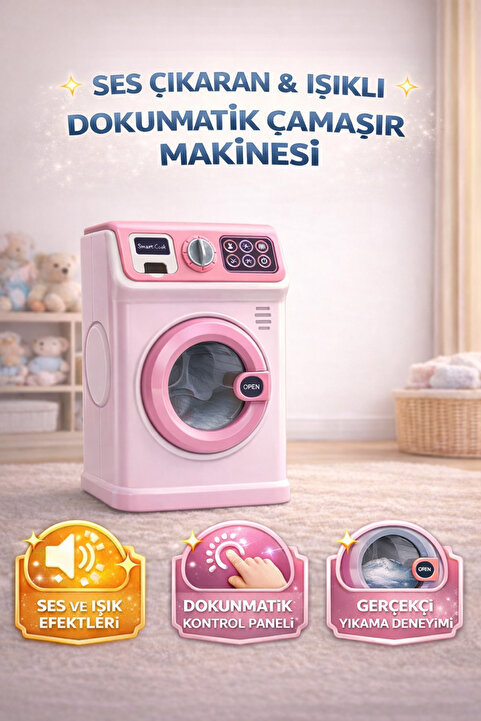 Magicway Işıklı Sesli Müzikli Büyük Oyuncak Çamaşır Makinası Evcilik ve Mutfak Çamaşır Yıkama Oyun Seti