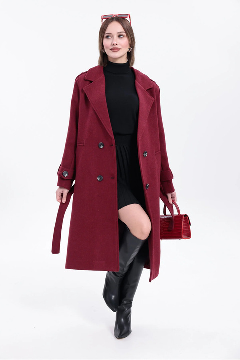 Concept. Kadın Bordo Oversize Kuşaklı Premium Kaşe Kaban | Astarlı & Cepli(Morena)