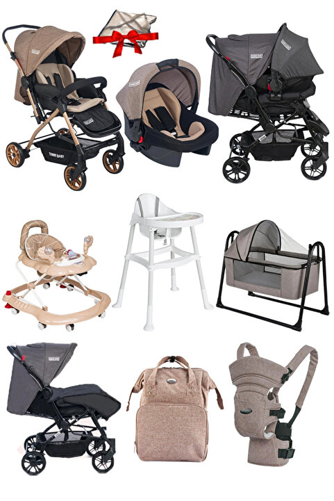 Calvin Baby 9 Parça Bebek Çeyiz Seti Bebek Arabası Puset Beşik Yürüteç Mama Sandalyesi Kanguru Bebek Çantası