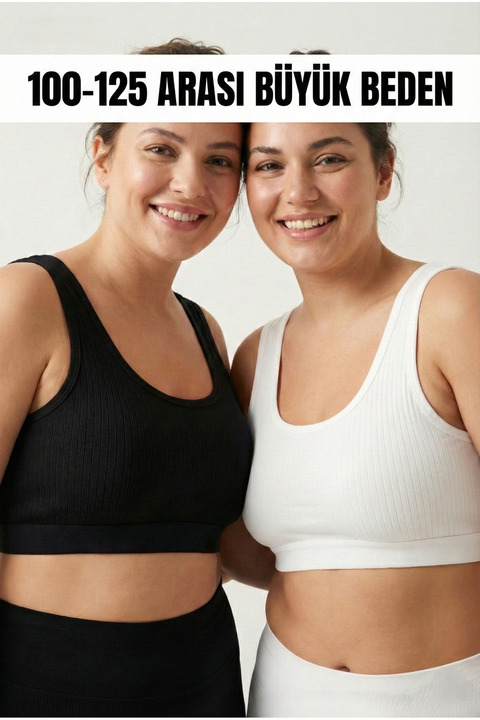 underwear bodyway Büyük Beden 2'li Kalın Askılı Fitilli Büstiyer Seti - Yanları Kapatan Pamuklu Crop Yarım Atlet