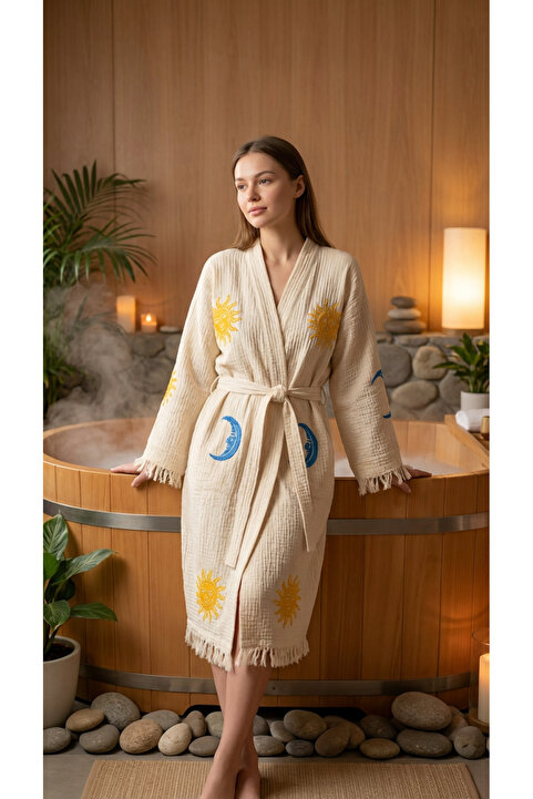 Varol Organik %100 Pamuk Kimono Yaka Sabahlık Bornoz - Solyra