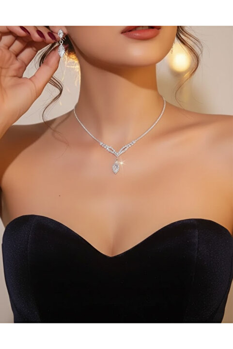Parspera Sora Model Damla Taş Kristal Gümüş Kaplama Takı Seti Kolye ve Küpe - Düğün Nişan Kına Davet