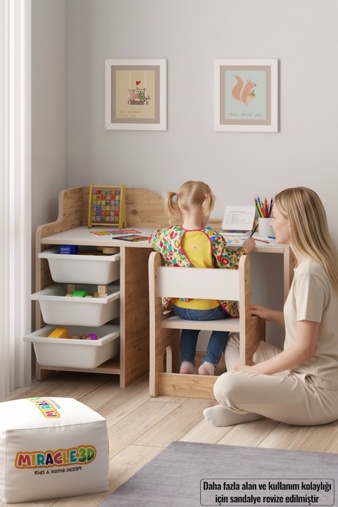 MİRACLE 3D Çocuk Oyun Aktivite Masası 90x45 Cm 3 Sepetli Çocuk Çalışma Masası Sırt Dayamalı Sandalye