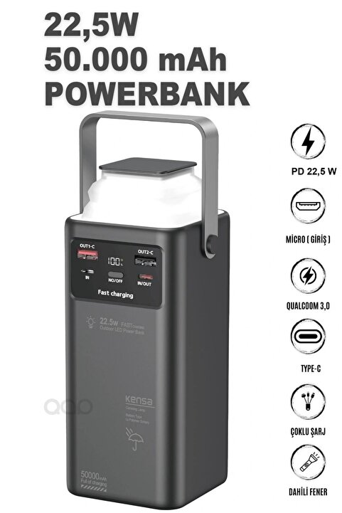 QAP 50000 Mah Kablolu Süper Hızlı Şarj Power Bank Turbo Hızlı Pd Şık Tasarım Kamp Powerbank 22,5 Watt