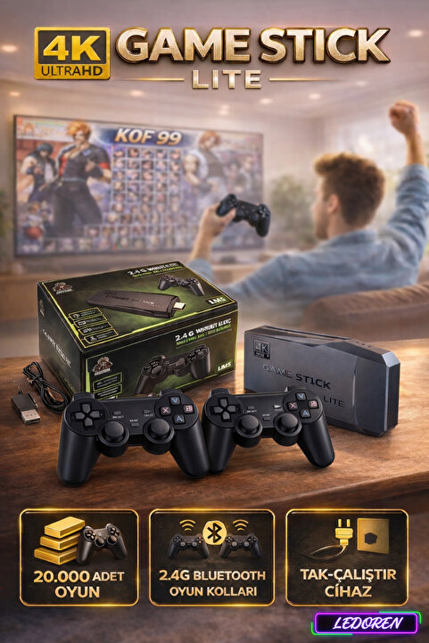 L'eDoren Türkçe Menülü 2.4g Kablosuz Çift Kol Retro Oyunlar 4k Game Stick 64gb Hafıza 20000 Oyun Atari
