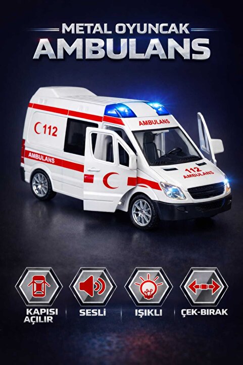 Fidan oyuncak Işıklı ve Sesli Metal Ambulans – Açılır Kapılar, Gerçekçi Tasarım