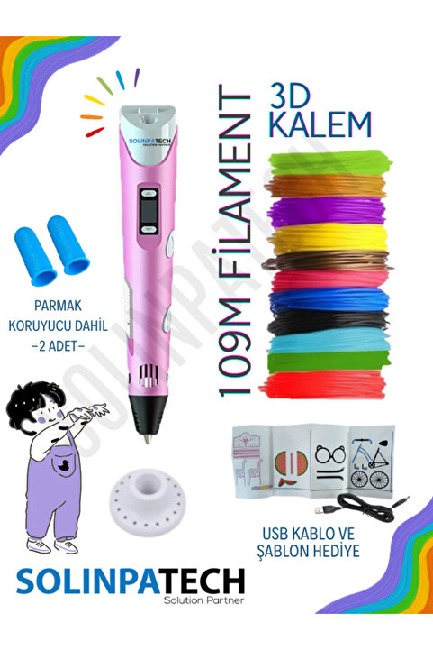 SolinpaTech Pembe 3d Kalem 3d Pen Yazıcı Kalem | Çok Renkli (toplam 109 Metre) Filament Usb Kablo