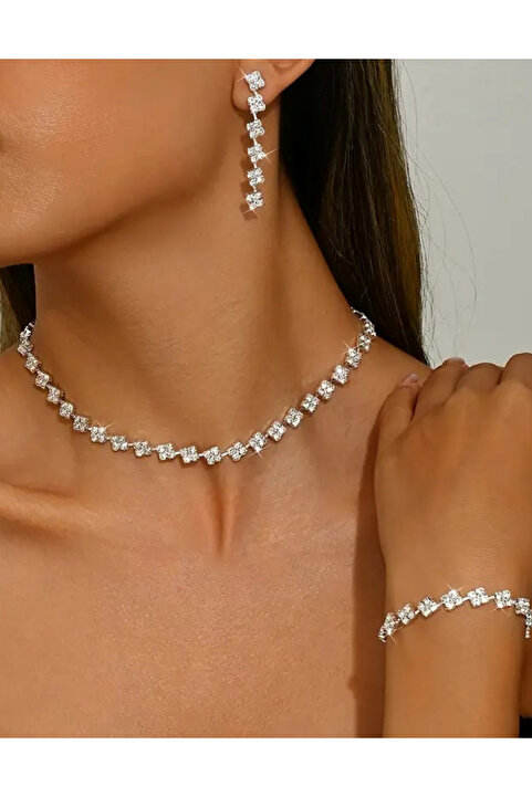 Parspera Sıralı Kare Model Zirkon Gümüş Kaplama Takı Seti Kolye Küpe Bileklik - Nişan Düğün Abiye Şık Davet