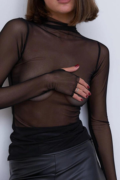 Moda Mistik Siyah Seksi Transparan Tül Body Bluz Balıkçı Yaka Uzun Kollu Parmak Geçmeli