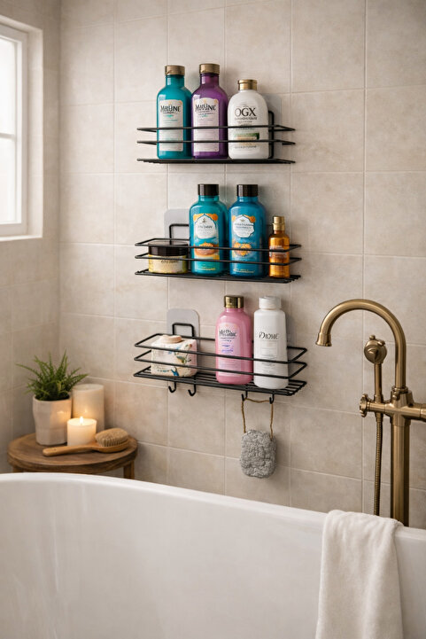 KARTEYA 3'lü Set Yapışkanlı 4 Kancalı Paslanmaz Banyo Rafı Mat Siyah Banyo Şampuanlık Duşakabin Duş Askısı