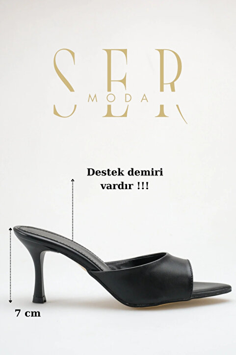 sermoda Topuklu Kadın Terlik - 7 cm İnce Topuklu Sivri Burun Kadın Terlik Siyah