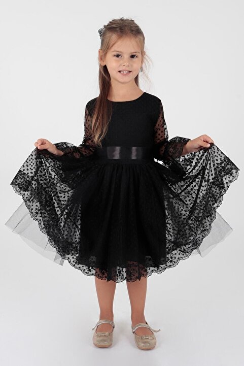 AHENGİM Kids Kız Çocuk Tokalı Ve Tül Dantel Trend Abiye Elbise Ak2209