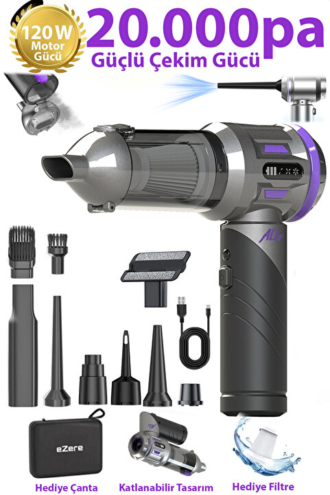 Ally Powerjet Pro 20000pa Güçlü Portatif Tasinabilir Vakumlu Kablosuz Üflemeli Mini Araç Süpürgesi