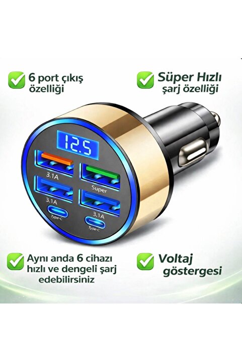 UGS Ticaret Dijital Ekranlı 6 Çıkışlı Süper Hızlı Araç Içi Şarj Aleti Başlığı (SÜPER HIZLI ŞARJ MEVCUTTUR)
