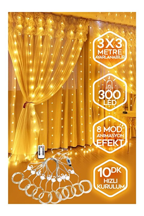 sgeteknoloji 300 Ledli 10 Sarkıtlı Uzaktan Kumandalı 8 Fonk Sarı Perde Led 3x3m Askı Aparatlı Usb Girişli