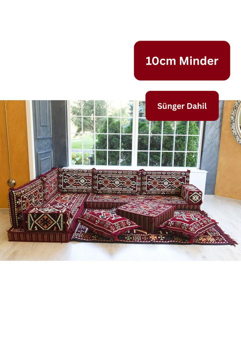 BAKIRÖZÜ HOME Otantik Şark Köşesi Takımı Bordo Anadolu 13 Parça (Kilim ve Puf Dahil Süngerli Sedir Seti)
