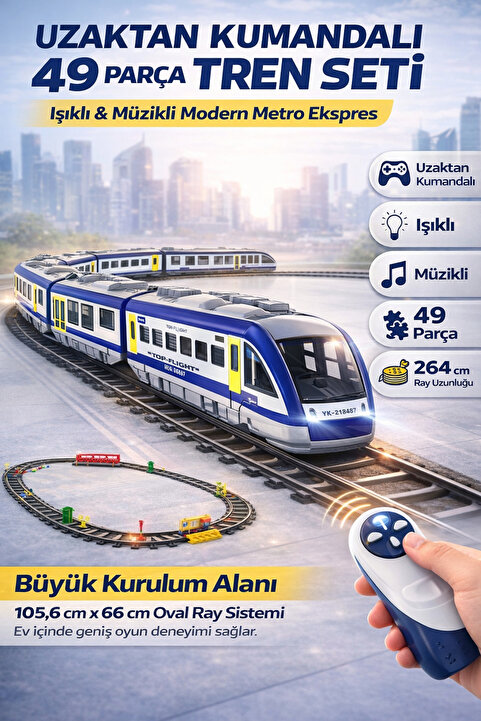 TRENDZONE Uzaktan Kumandalı Işıklı Müzikli 49 Parça Tren Seti | Modern Metro Ekspres 264cm Oval Ray
