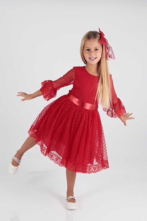 AHENGİM Kids Kız Çocuk Tokalı Ve Tül Dantel Trend Abiye Elbise Ak2209