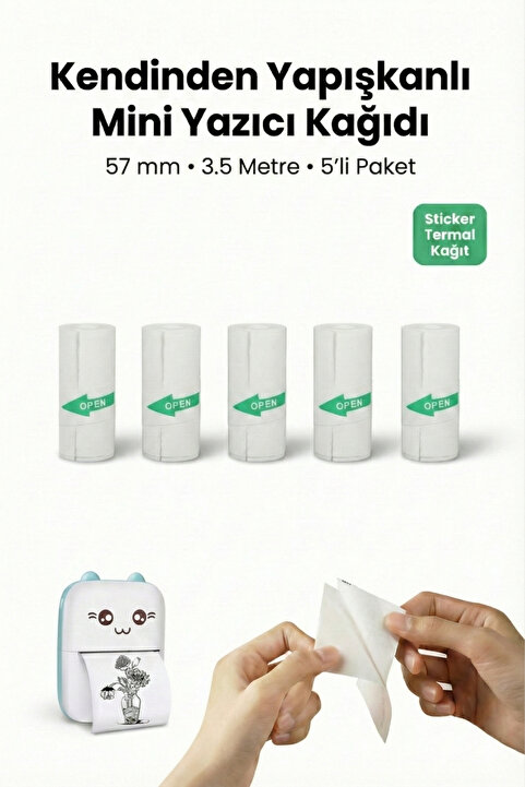 Genel Markalar 5’li Kendinden Yapışkanlı Mini Termal Yazıcı Kağıdı 57 mm – Sticker Termal Rulo