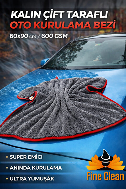 Fine Clean (60X90 CM) Premium Çift Taraflı 600 Gsm Mikrofiber Lüks Oto Yıkama Kurulama, Araba Bezi 1 Adet