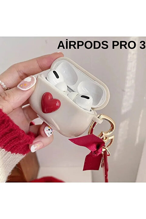 KVK PRİVACY Airpods Pro 3. nesil Uyumlu 3d Kırmızı Kalp Kopçalı Kulaklık Kılıfı