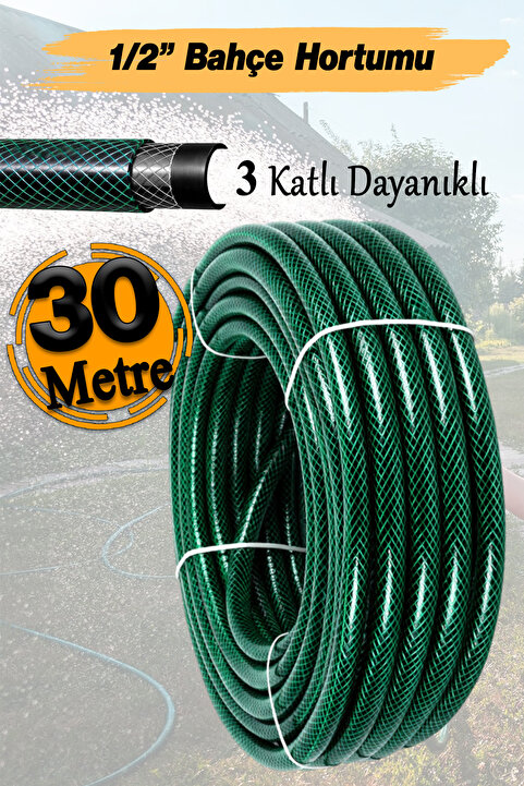 Badem10 (30 Metre) Dayanıklı 3 Katlı Sağlam Klasik Bahçe Çeşme Hortumu Su Sulama Yıkama Hortum 12.5 mm 1/2"