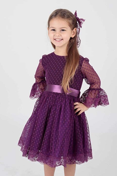 AHENGİM Kids Kız Çocuk Tokalı Ve Tül Dantel Trend Abiye Elbise Ak2209