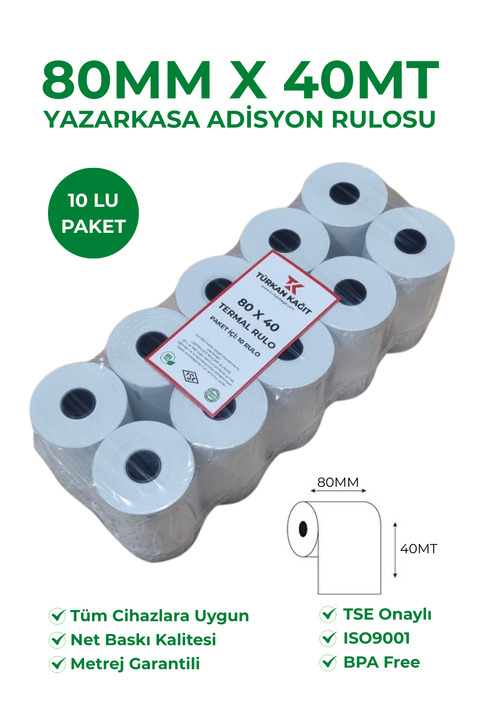RULORULO 80x40 Termal Rulo 1 Paket 10 Adet Yazarkasa Adisyon Rulosu BPA Free TSE Belgeli