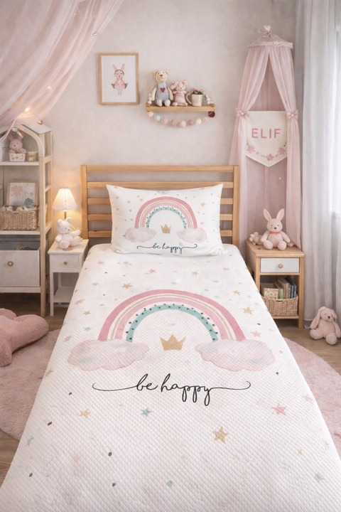 Evmila Gökkuşağı Desenli Bebek Ve Çocuk Baskılı Tek Kişilik Pike Takımı 160 X 220 Cm Beyaz